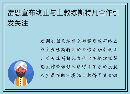 雷恩宣布终止与主教练斯特凡合作引发关注 雷恩宣布终止与主教练斯特凡合作引发关注
